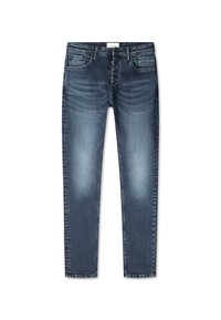 Donkerblauwe denim jeans met een vervaagde afwerking, voorzien van een rechte snit, vijf zakken en een ritssluiting, met subtiele stikdetails.