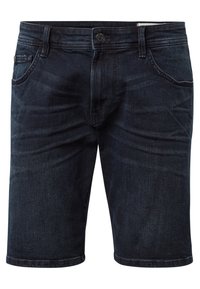 Pantalones cortos de mezclilla azul oscuro con botones frontales, pasadores para cinturón y bolsillos laterales y frontales, exhibidos sobre un fondo blanco.