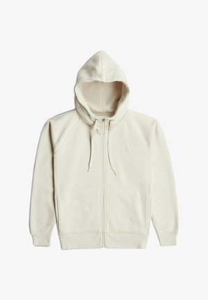 Beige zip-up hoodie with drawstrings, long sleeves, front pockets, and ribbed cuffs and hem, laid flat on a white background.