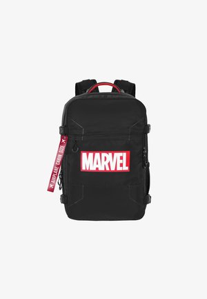 Black backpack with red accents, featuring a large white "MARVEL" logo, front zipper pocket, and side straps labeled "AIRPLANE CABIN SIZE."