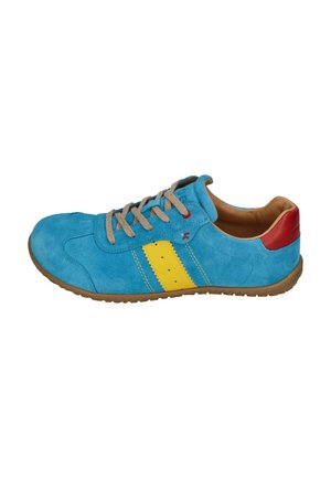 Blue suede sneaker with gray laces, yellow side stripe, red heel patch, and brown sole, shown from the outer side.