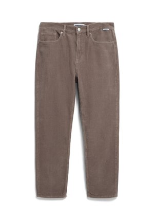 Brown corduroy pants featuring a straight leg design, five-pocket styling, and a button closure. Textured fabric with vertical ridges.