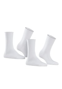 Four white cotton socks with a smooth texture, mid-calf length, and reinforced toes. Simple design, no patterns or visible accents.