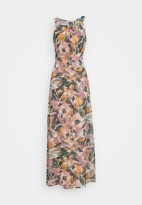 Vestido maxi de tela ligera con un colorido estampado floral en tonos de rosa, naranja, verde y marrón. Sin mangas y con un escote redondeado.