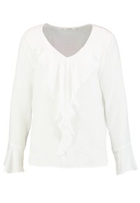 Blusa bianca a maniche lunghe con scollo a V, caratterizzata da un dettaglio arricciato sul davanti. Realizzata in un tessuto leggero e testurizzato con maniche a campana.