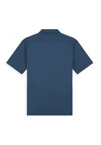 Camicia a maniche corte di colore blu navy, con colletto classico e texture liscia. Design minimalista senza stampe né decorazioni.