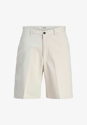 Light beige shorts made of cotton with a flat front, two side pockets, a single button closure, and a smooth texture.