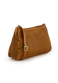 Tan leather handbag with perforated design, rectangular shape, and a gold-tone hardware strap. Smooth texture and zippered top closure.