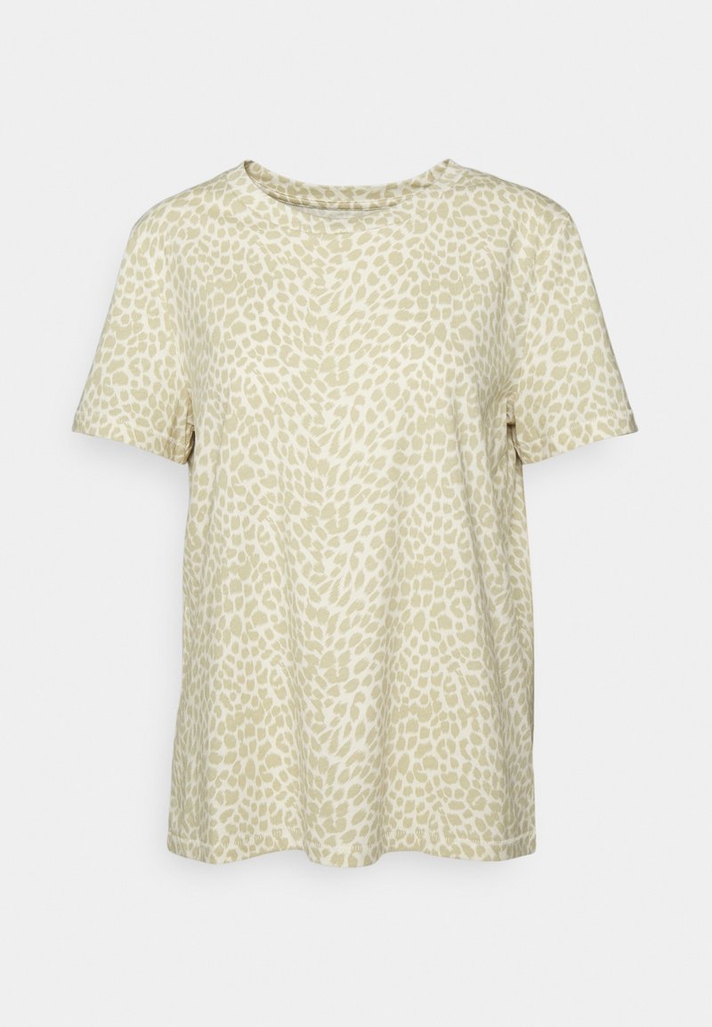 T-shirt à manches courtes col rond avec motif léopard abstrait beige et blanc cassé.