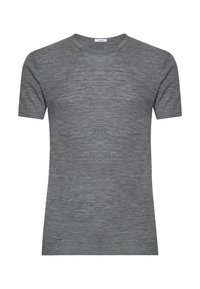 T-shirt grigio a maniche corte realizzato in tessuto testurizzato, con colletto rotondo e un design aderente con una superficie liscia e uniforme.