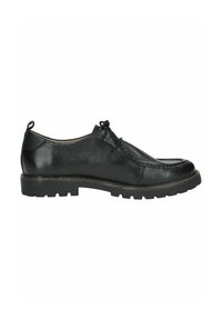 Scarpe in pelle nera con punta arrotondata, design con lacci e superficie testurizzata. Presentano una suola robusta con dettagli in rilievo e cuciture.