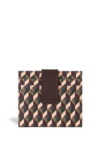 Geometric-patterned cardholder made of synthetic material with brown accents and a magnetic closure; features multiple card slots.