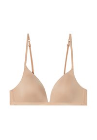 Nude-kleurige driehoekige beha met verstelbare bandjes, gladde textuur en minimalistisch ontwerp. Geen vulling of versieringen zichtbaar.