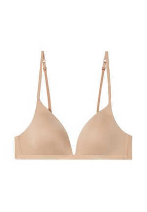 Nude-farbener, dreieckiger BH mit verstellbaren Trägern, glatter Textur und minimalistischem Design. Keine Polsterung oder sichtbaren Verzierungen.