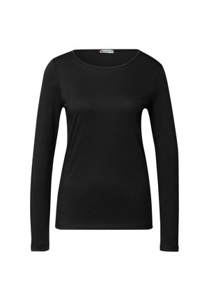 Zwarte langemouwen shirt gemaakt van gladde stof, met een ronde halslijn en een aansluitend ontwerp, zonder zichtbare patronen of versieringen.