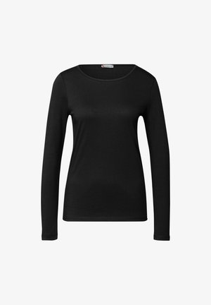 Zwarte langemouwen shirt gemaakt van gladde stof, met een ronde halslijn en een aansluitend ontwerp, zonder zichtbare patronen of versieringen.