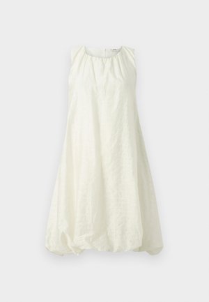 White sleeveless dress with a gathered neckline and a loose, balloon-like shape. Made of a textured fabric, it falls above the knee.