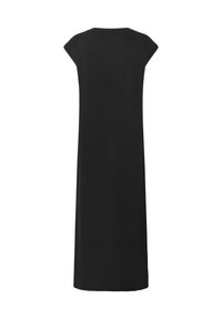 Robe maxi noire en tissu doux, avec des manches courtes, un col rond et une coupe décontractée et droite.