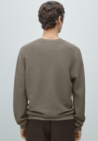 Brauner, strukturierter Strickpullover mit rundem Ausschnitt und langen Ärmeln. Verfügt über eine lockere Passform sowie gerippte Bündchen und Saum. Rückansicht.