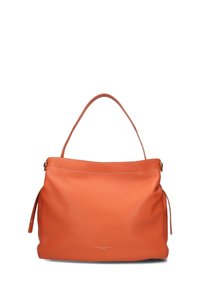 Borsa a tote in pelle arancione con un manico singolo e una texture liscia. Presenta un logo del marchio nella parte inferiore e sottili dettagli di cucitura.