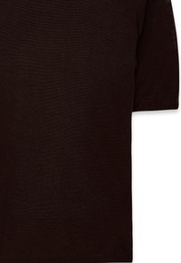 Dark brown short-sleeve knit shirt shown from the torso to mid-sleeve on a white background.