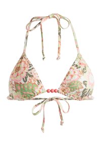 Bikini top met een bloempatroon van roze, groene en oranje bladeren en bloemen, met verstelbare nek- en rugbanden en roze kralenaccenten tussen de cups.