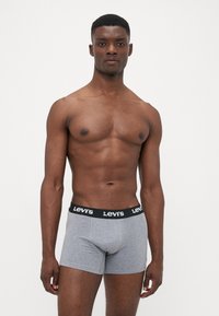 Szürke pamut boxeralsó fekete elasztikus derékpánttal, amelyen fehér Levi's logó található. A dizájn testhez simuló, sima tapintású.