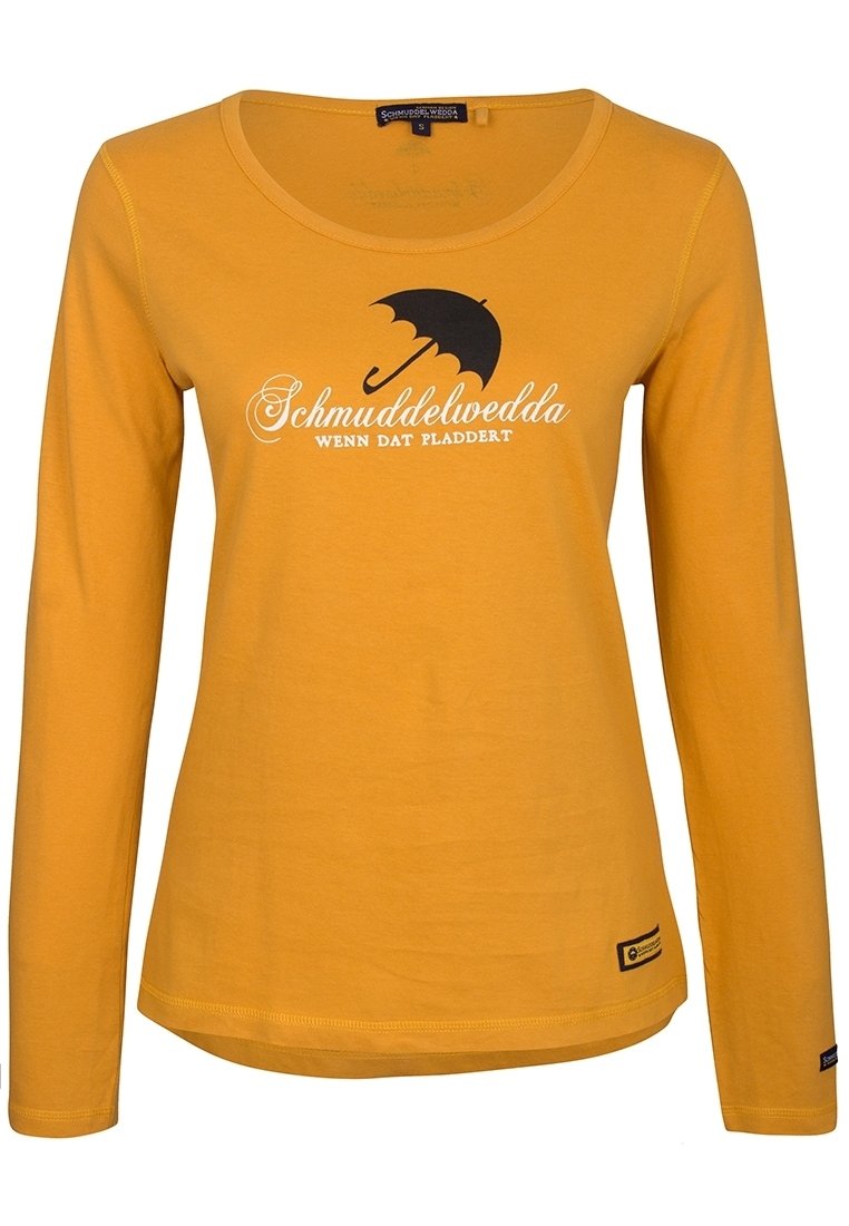 Långärmad, rundhalsad t-shirt i senapsgul bomull med svart tryck som föreställer ett paraply och texten "Schmuddelwedda när det regnar."
