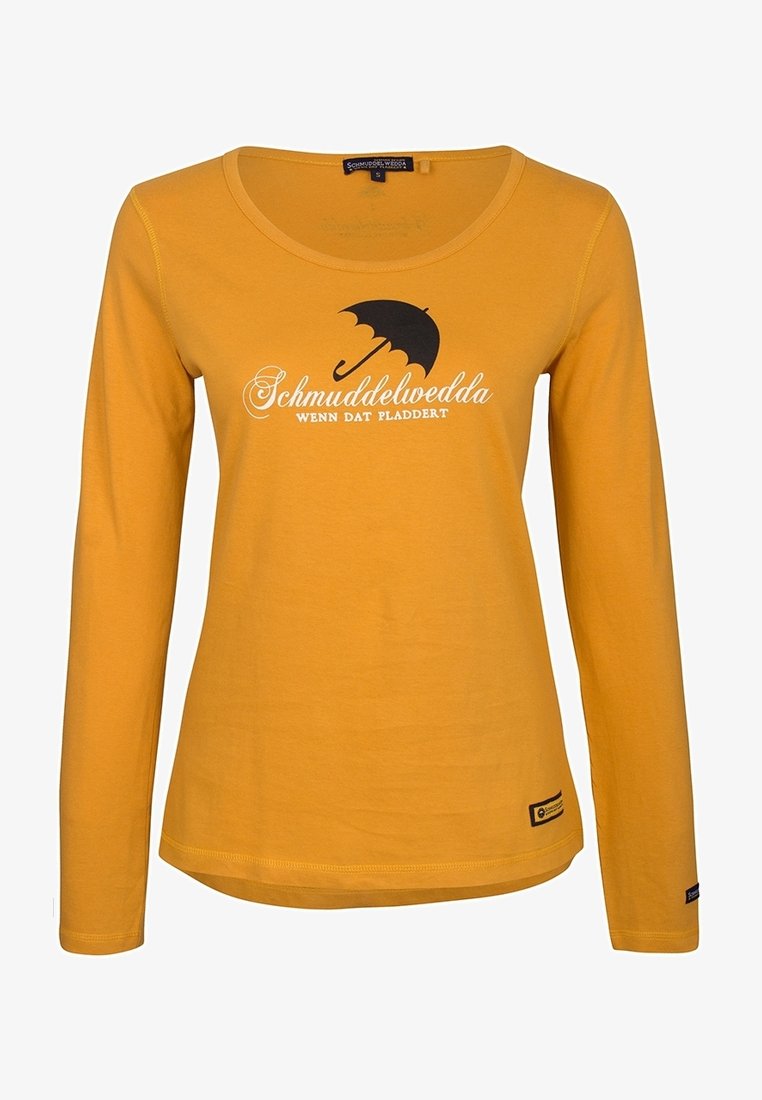Långärmad, rundhalsad t-shirt i senapsgul bomull med svart tryck som föreställer ett paraply och texten "Schmuddelwedda när det regnar."