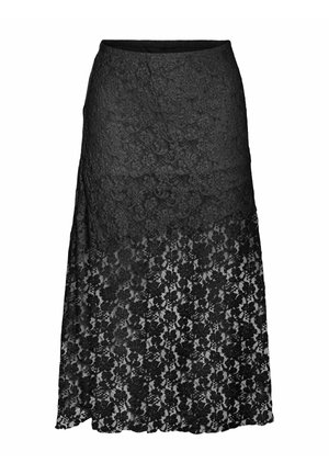 Jupe midi en dentelle noire avec motif floral, taille ajustée et partie inférieure semi-transparente, présentée sur fond blanc.