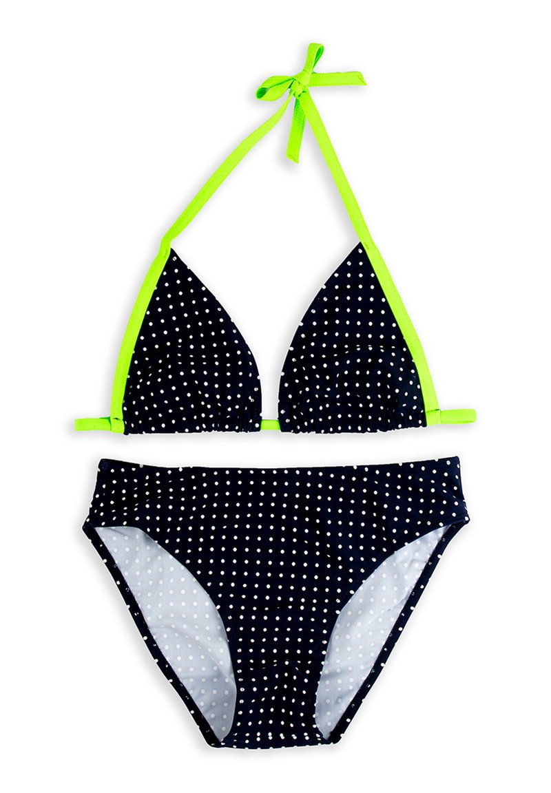 Navy niebieski bikini w kropki z białymi kropkami i neonowo zielonymi ramiączkami. Góra ma trójkątne miseczki; dół ma pełne pokrycie.