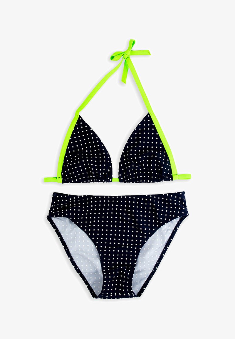 Navy niebieski bikini w kropki z białymi kropkami i neonowo zielonymi ramiączkami. Góra ma trójkątne miseczki; dół ma pełne pokrycie.