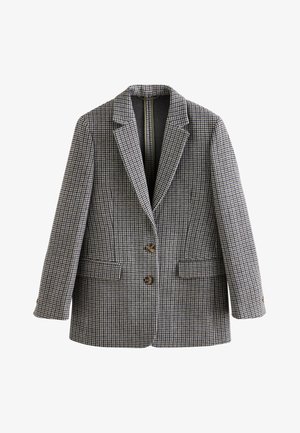 Ternet blazer i grå, brun og hvid tweed. Har en reverskrave, to-knapslukning og to forlommer.