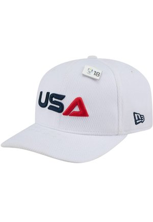 White cap with a structured design; features embroidered "USA" in navy and red. Includes a logo badge on the front and a side logo.