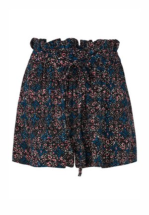 Schwarze gemusterte Shorts mit einem gerafften Bund, ausgestattet mit einem Bindedetail und einem geometrischen Druck in rosa und blauen Farbtönen.