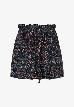 Crne šortse s uzorkom i volanastim pojasom, s detaljem vezivanja i geometrijskim uzorkom u ružičastim i plavim tonovima.