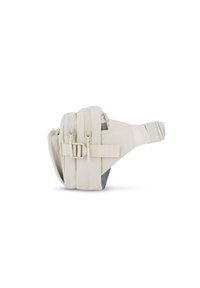 Borsa a tracolla beige chiaro con molteplici scomparti con zip, tracolla regolabile e una fodera grigia a contrasto. Materiale morbido e resistente.