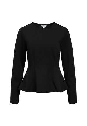 Juodas peplum stilius palaidinė su ilgomis rankovėmis, apvaliu iškirpimu, prigludusia kūno dalimi ir minkšta medžiaga. Siūlo sklandžią tekstūrą ir be siūlų dizainą.