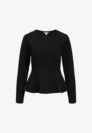 Crni peplum top s dugim rukavima, okruglim izrezom, uskim tijelom i mekanim materijalom. Ima glatku teksturu i bešavni dizajn.