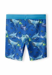 Shorts de bain bleus avec un imprimé coloré sur le thème de l'océan, comprenant divers poissons et baleines. Fabriqués en tissu léger et extensible avec une taille unie.