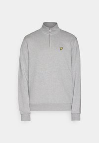 Maglione grigio con cerniera a un quarto in tessuto morbido, polsini e orlo a coste. Presenta un piccolo logo a forma di farfalla gialla sul petto.