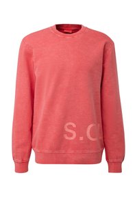 Sweatshirt corail, en coton doux, col rond, manches longues, poignets et ourlet côtelés. Présente un léger texte "S.C.L." à l'avant.