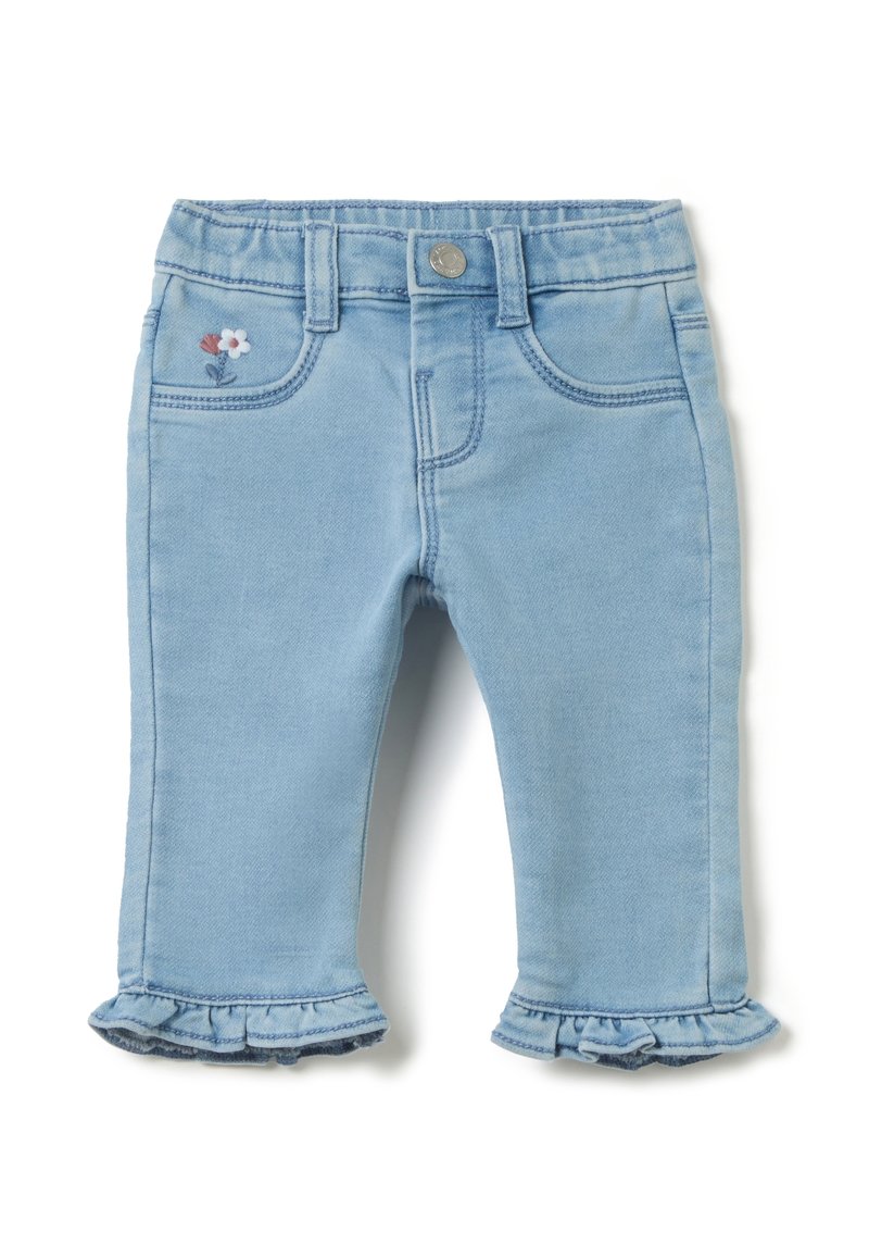 Hellblaue Jeanshose mit gefälteltem Saum, vorn mit Taschen und bestickten Blumenakzenten.