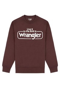Felpa girocollo marrone scuro con testo bianco che recita "Vivi al massimo con Wrangler" centrato sulla parte anteriore.