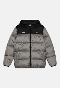Padded jacket in gray and black, featuring a hood, front zipper, side pockets, and a logo on the chest with a contrasting design.