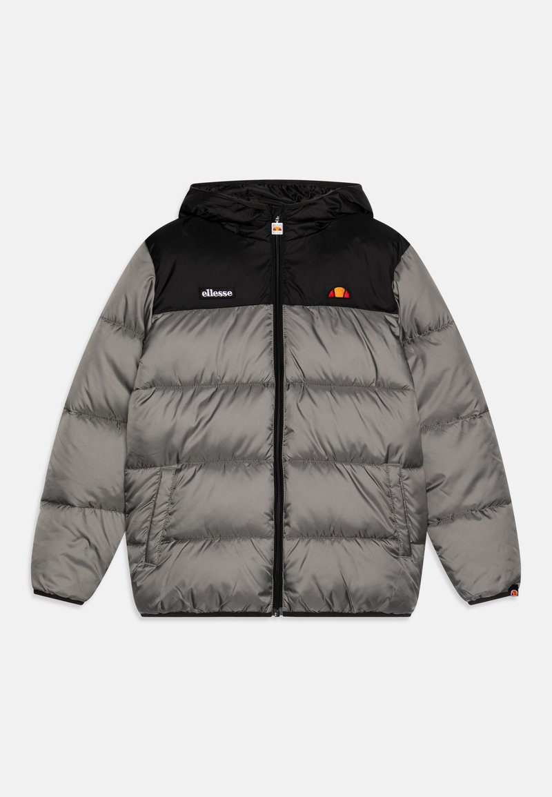 Padded jacket in gray and black, featuring a hood, front zipper, side pockets, and a logo on the chest with a contrasting design.