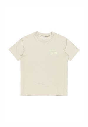 Lys beige t-shirt lavet af tekstureret stof. Korte ærmer, rund hals, har et lille grafisk motiv med ikoner i lys grøn på brystet.