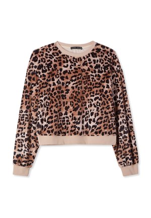 Felpa con stampa leopardata in tessuto morbido, con scollo rotondo, maniche lunghe e polsini e orlo a costine in tonalità beige.