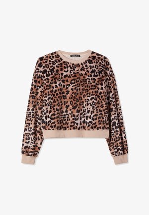 Felpa con stampa leopardata in tessuto morbido, con scollo rotondo, maniche lunghe e polsini e orlo a costine in tonalità beige.