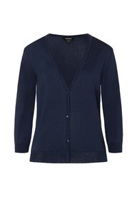 Marineblaue Strickjacke aus weichem Material, mit V-Ausschnitt, Knopfleiste und Dreiviertelärmeln mit strukturiertem Saumdetail.